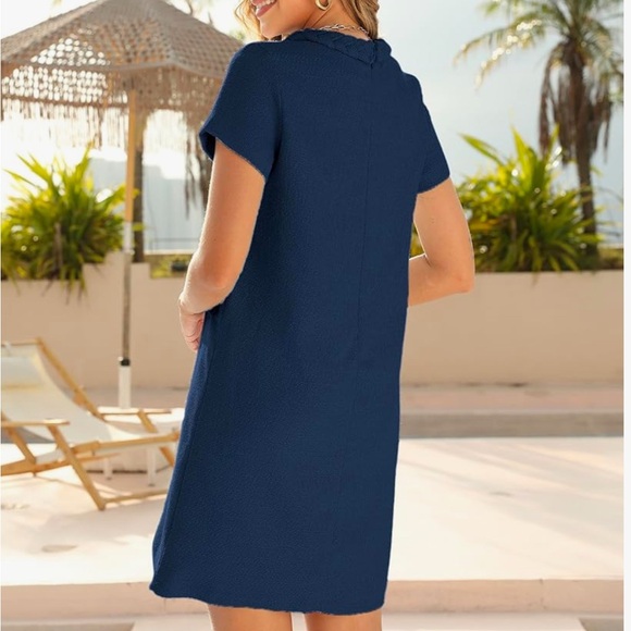 Navy Blue Tweed Jackie Dress Short Sleeve Gold Button Knee Length Braided Trim M - Picture 2 of 10